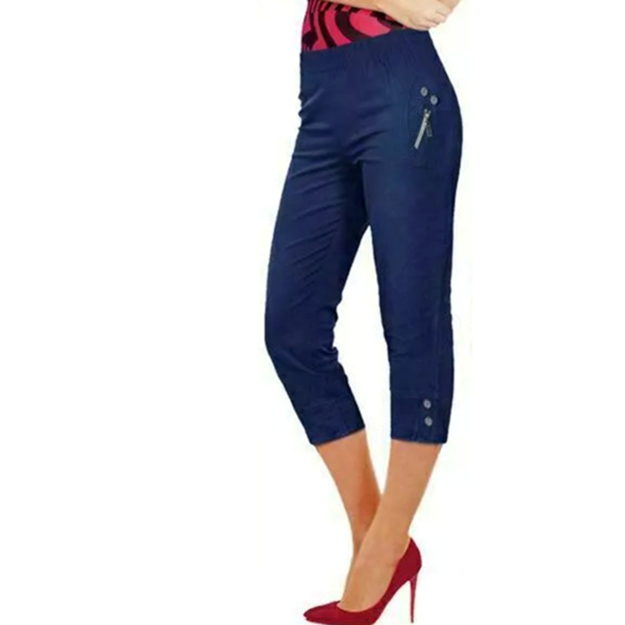 Ladies navy blue 3/4 cropped trousers with zip pocket and button detail summer fashion